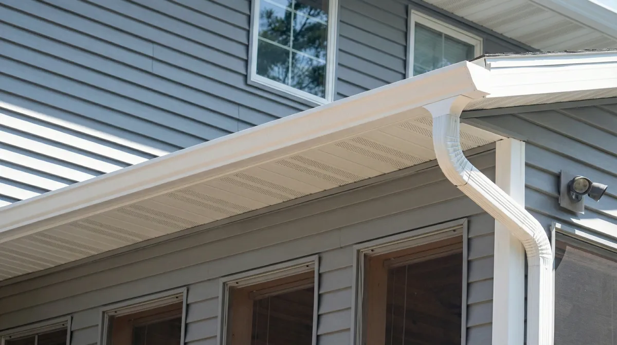 Professional home remodeling project showing newly installed white seamless gutters and downspouts on a house with gray siding in Phoenix, AZ