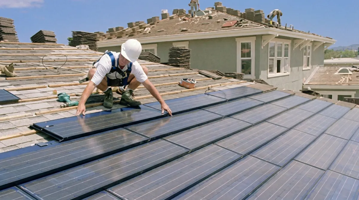 Roof replacement expert installing modern solar shingles on a residential home in Phoenix, AZ