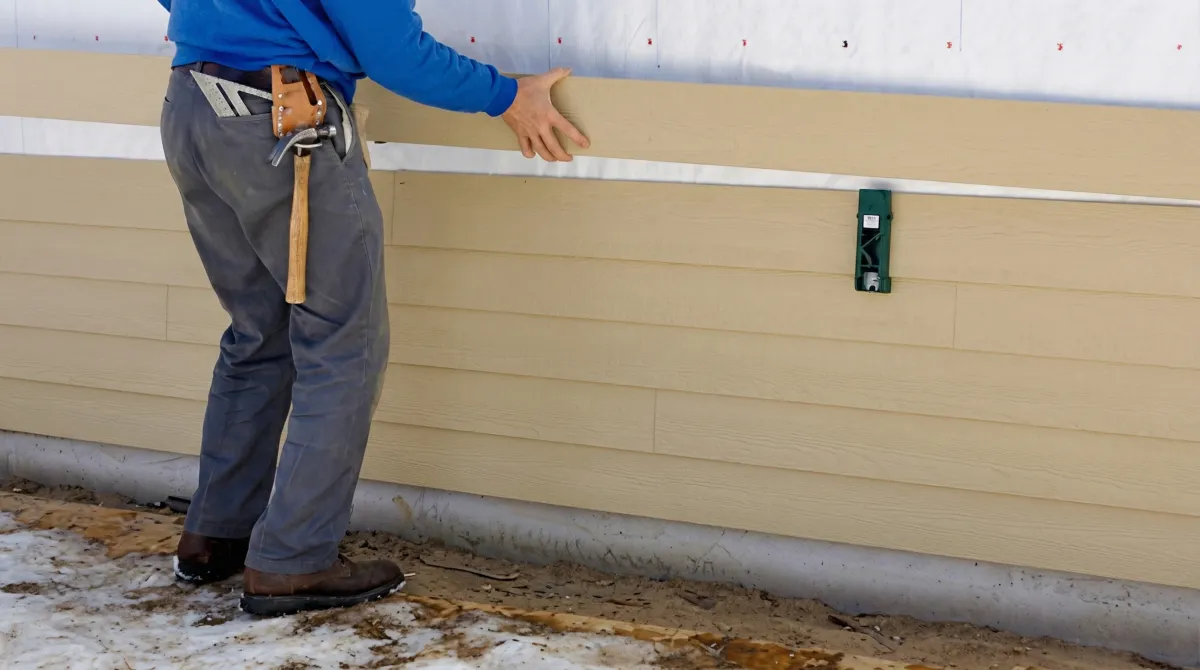 Siding replacement expert carefully aligning a new tan siding panel onto a residential exterior wall in Phoenix, AZ