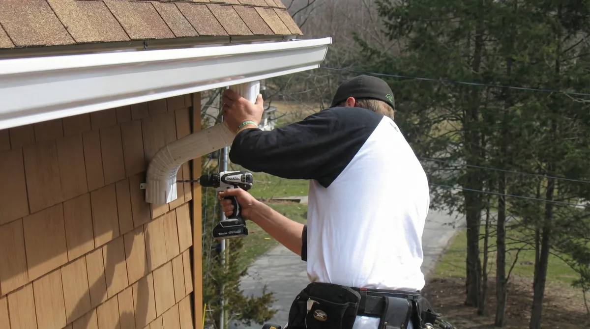 Professional contractor installing tan vinyl siding panels on a residential home exterior in Phoenix, AZ