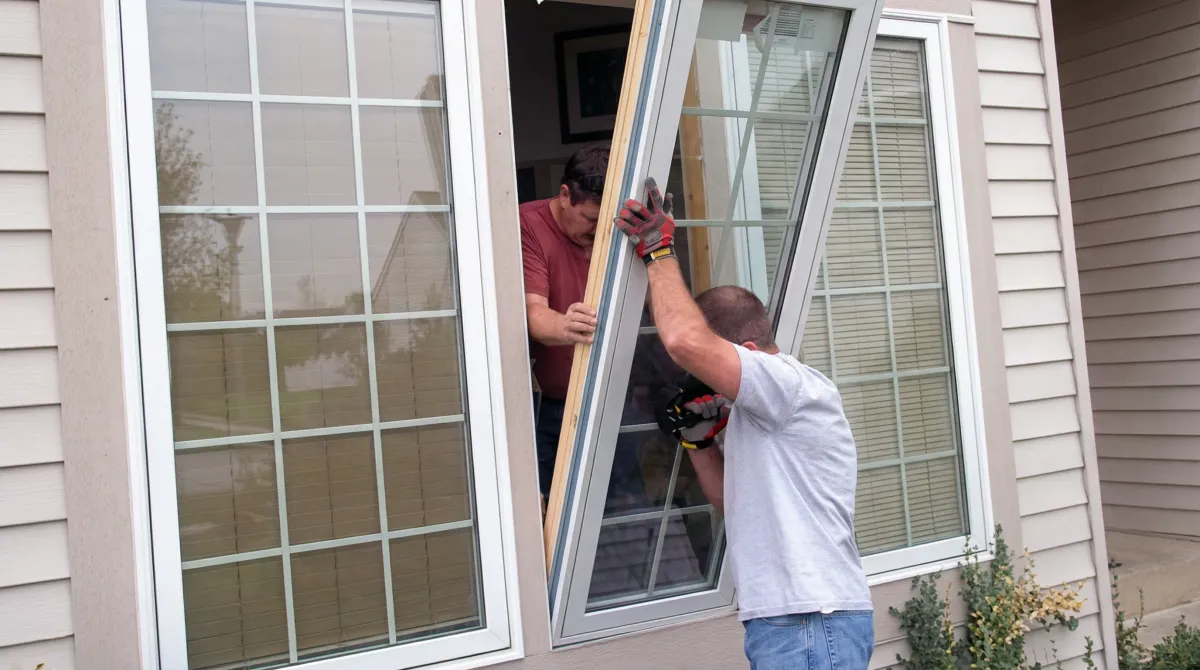 Professional home remodeling team installing a large replacement window on a house with tan siding in Phoenix, AZ
